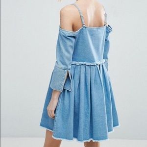 ASOS Dress Denim Off Shoulder Pleated Bell Sleeves